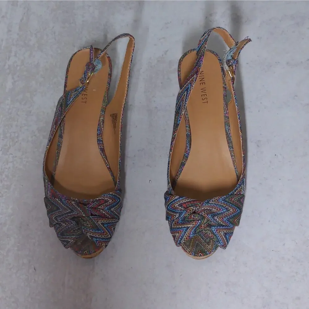Nine West Abbeol 1 Wedges Multicolor Woven Slingback Knotted Peep Toe - Size 7M